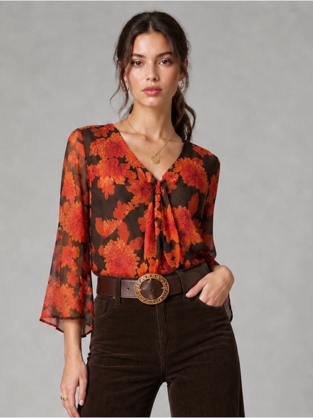 Vintage Y2K New York City Design Silk Fairy Top M Orange Brown Floral Whimsigoth